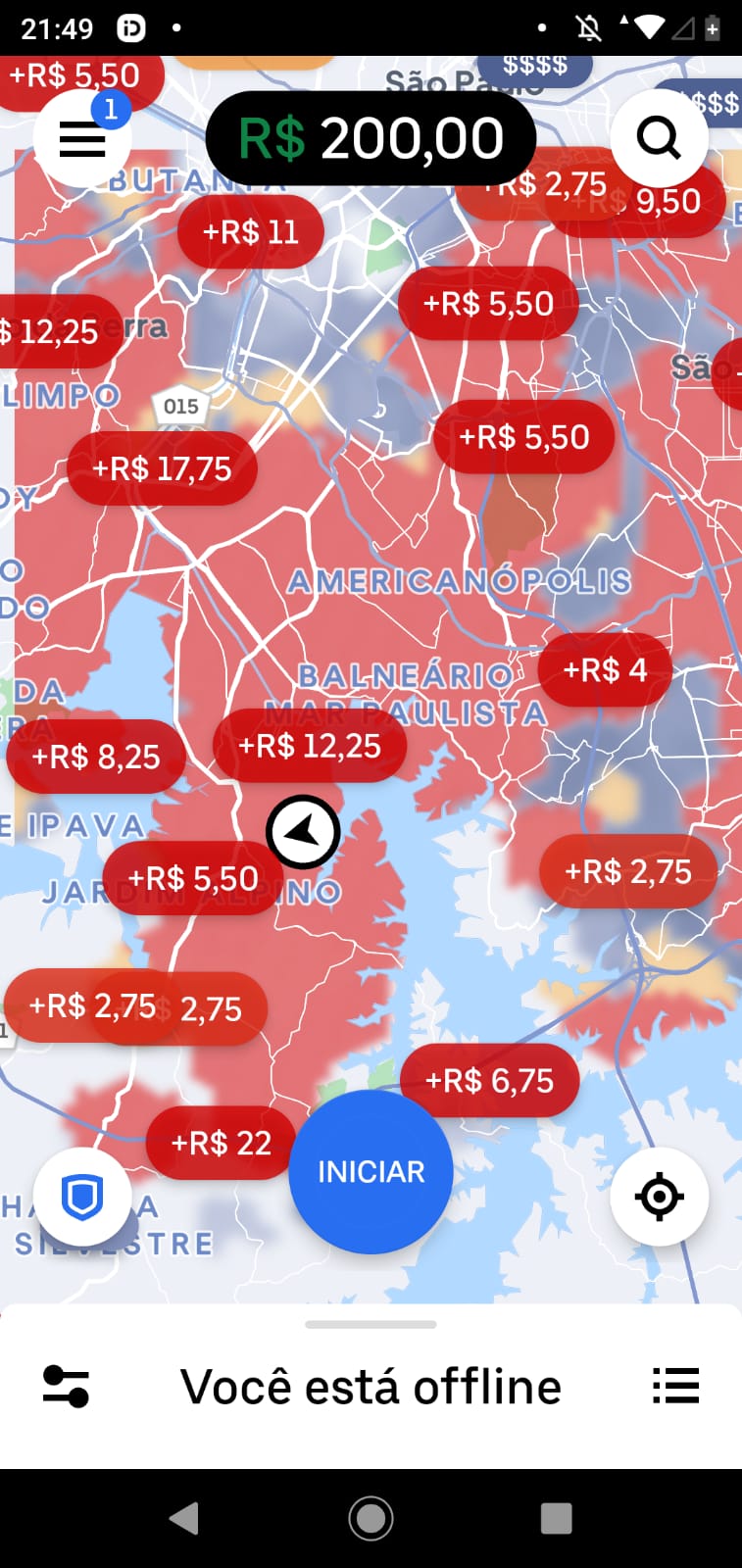 Mapa do aplicativo Uber Driver com áreas de ganhos