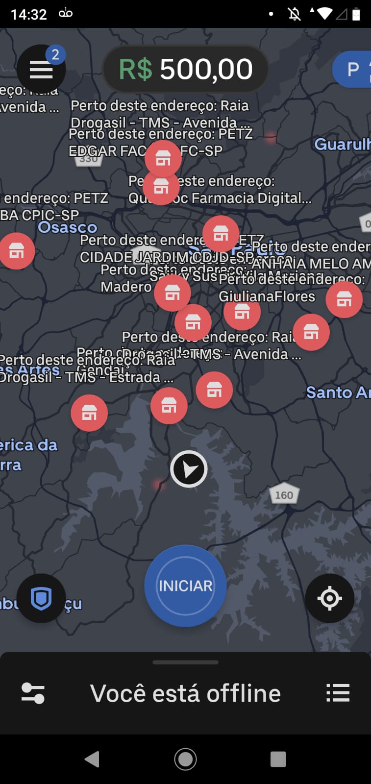 Mapa noturno do aplicativo Uber Driver